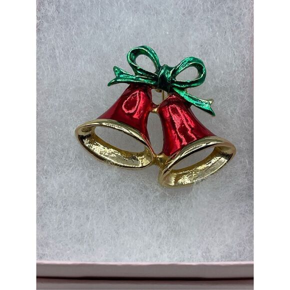 Vintage Jewelry - Charming enamel holiday bells vintage mid century brooch